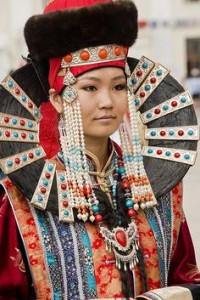 Mongolian woman in traditional hair headdress